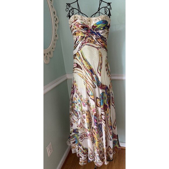 Vtg Diane Freis Silk Beaded Dress Coquette Cream Strapless Geo Fairy Ruffle 6 - Picture 1 of 10
